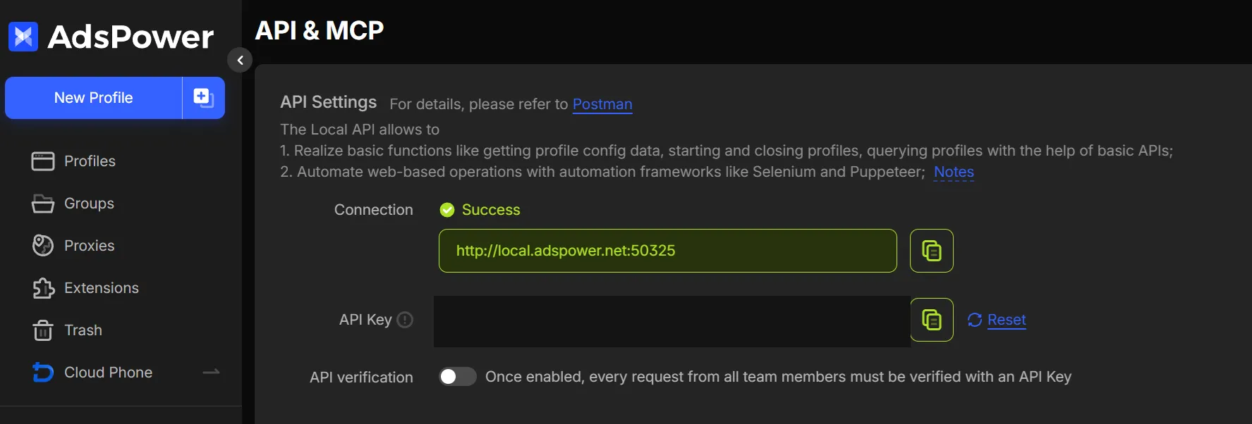AdsPower — отключите API verification